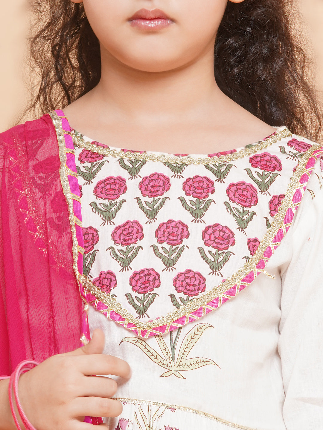 Bitiya by Bhama Girls Off-white Pink Printed Round- Neck Kurta with Sharara with Dupatta