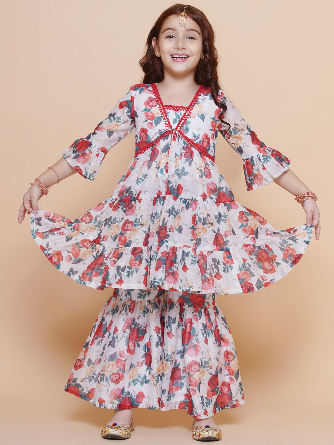 Bitiya by Bhama Girls Red Rose Printed Kurta with Sharara
