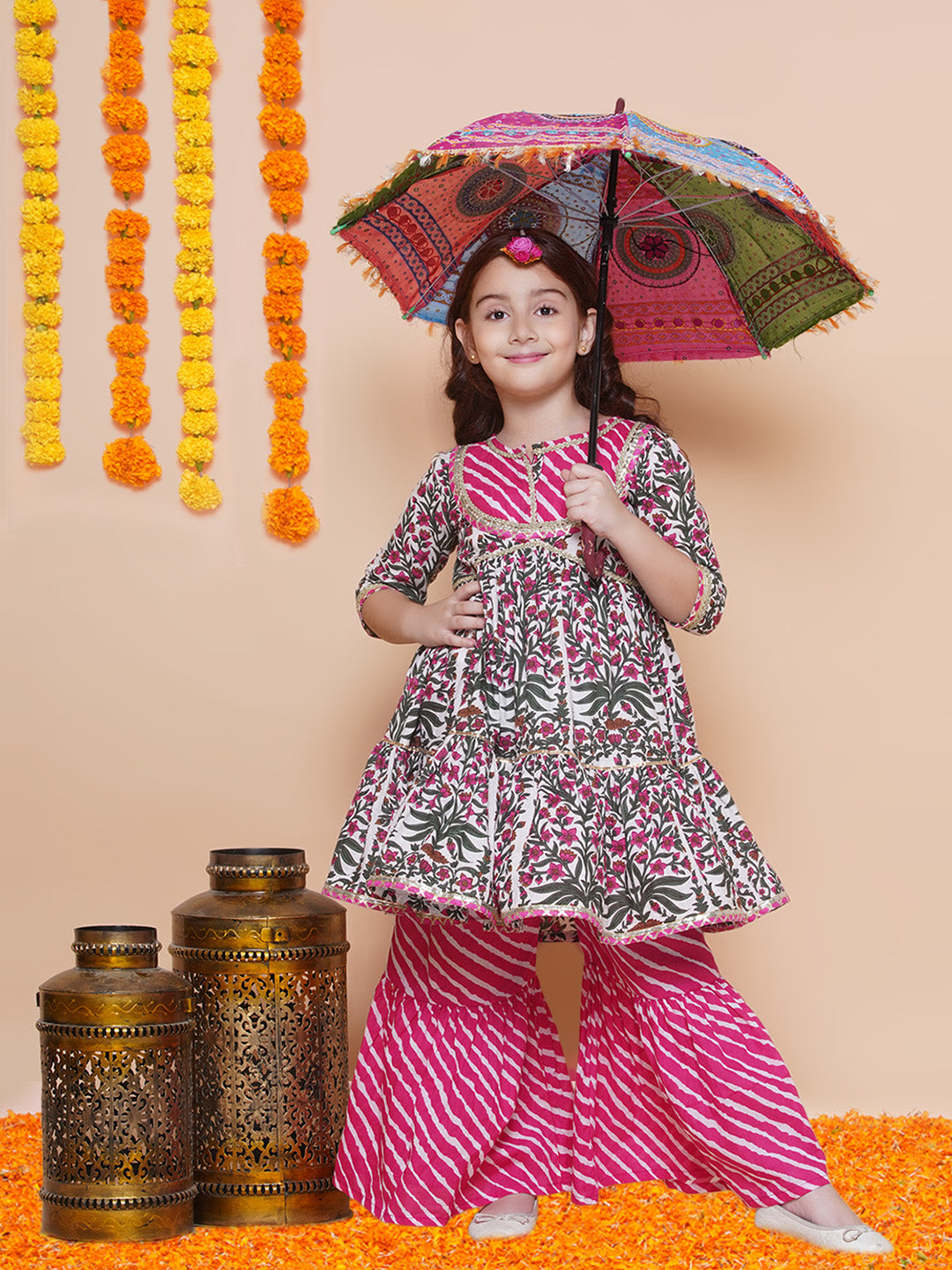Bitiya by Bhama Girls Pink Printed Cotton Tiered Kurta With Sharara