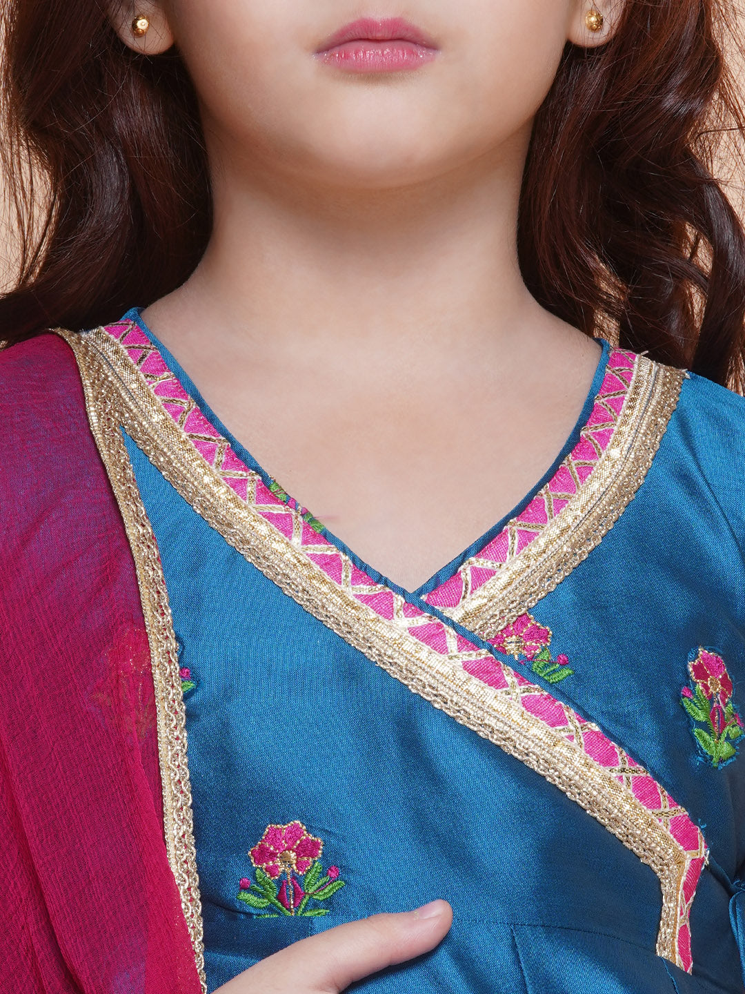 Bitiya by Bhama Girls Blue Embroidered Angrakha Kurta with Trousers set With Dupatta