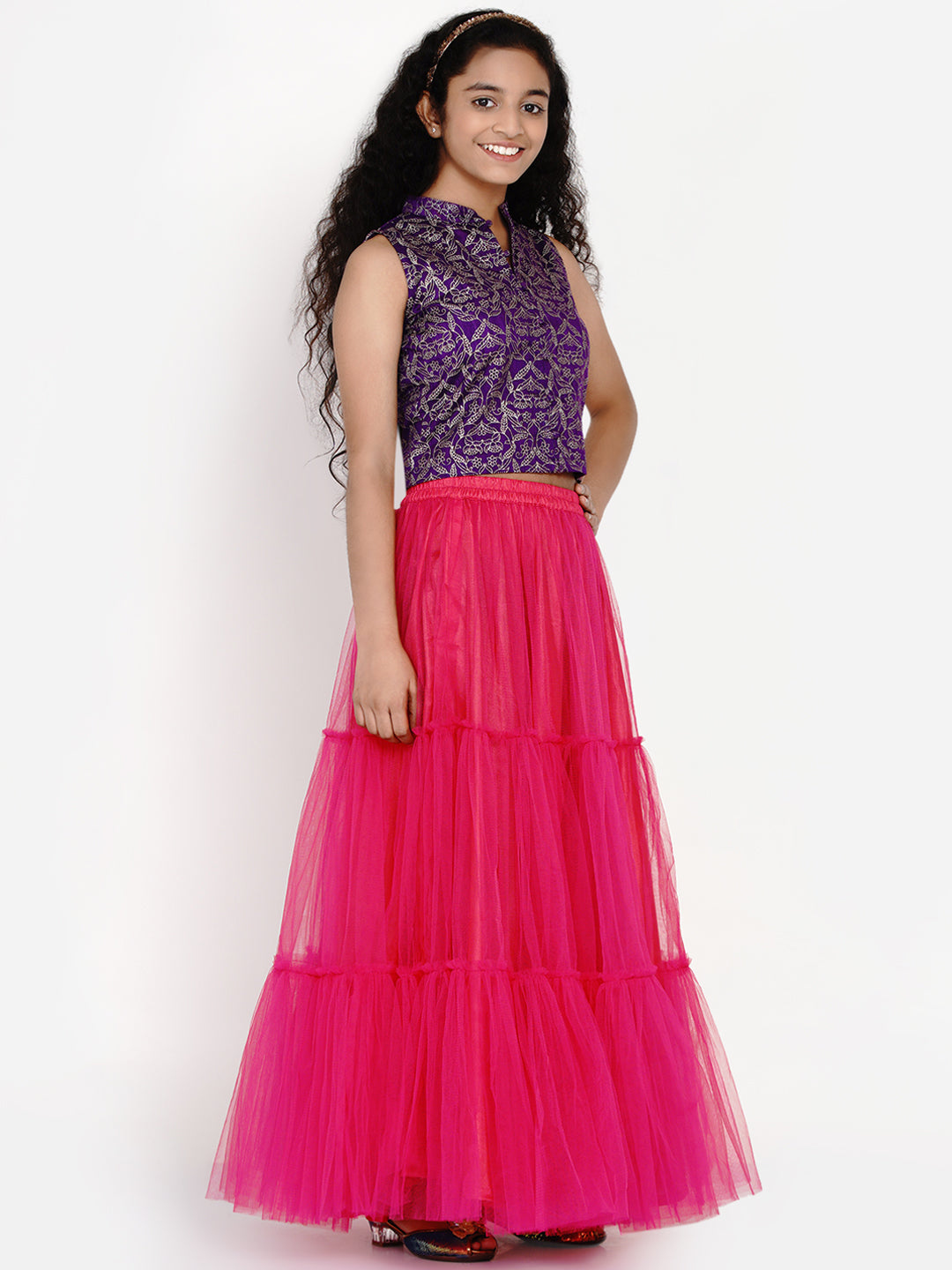 Bitiya By Bhama Girls Purple & Pink Block Print Ready To Wear Lehenga Choli