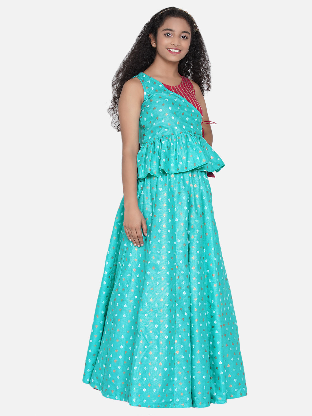 Bitiya by Bhama Girls Green & Pink Printed Khari Print Ready to Wear Lehenga & Choli
