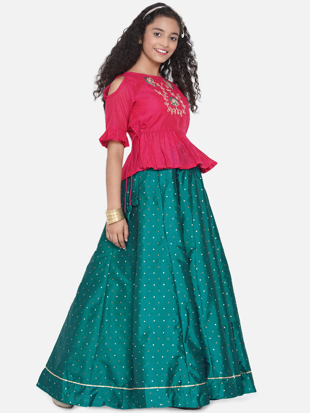 Bitiya By Bhama Girls Pink & Green Embroidered Choli Ready To Wear Lehenga