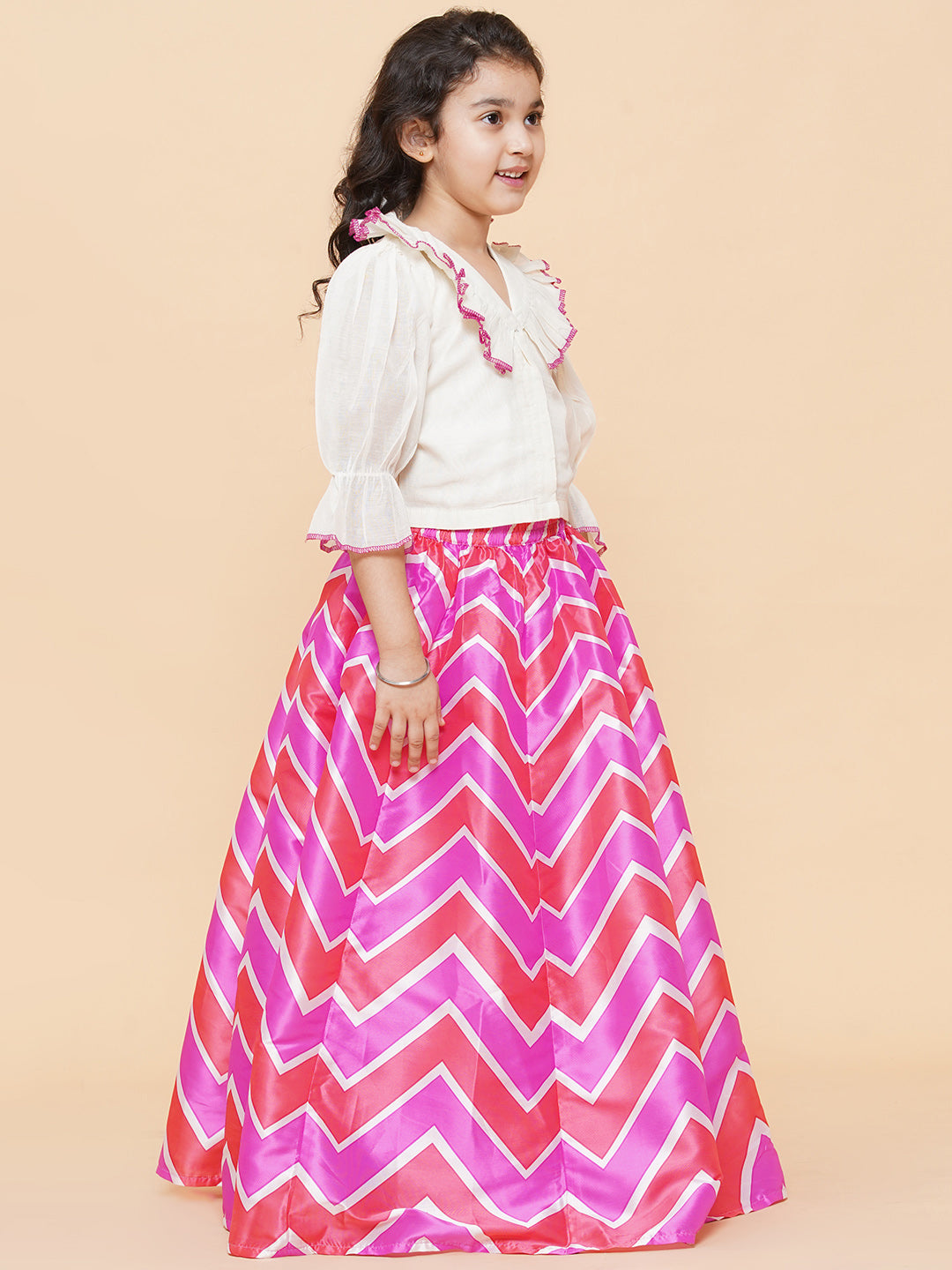 Bitiya By Bhama Girls Pink Leheriya Printed Ready To Wear Lehenga With White Blouse