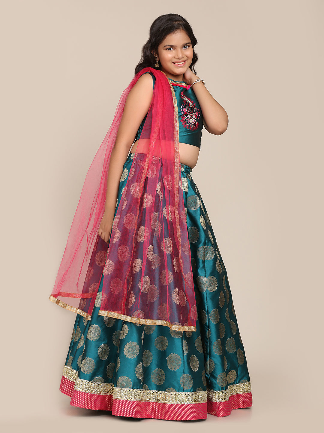 Bitiya By Bhama Girls Green & Pink Embroidered Ready To Wear Lehenga & Blouse With Dupatta