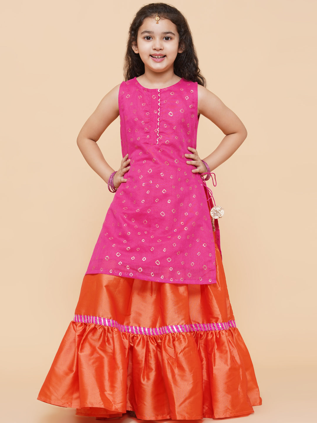 Bitiya by Bhama
Girls Pink & Orange Printed Ready to Wear Lehenga Choli