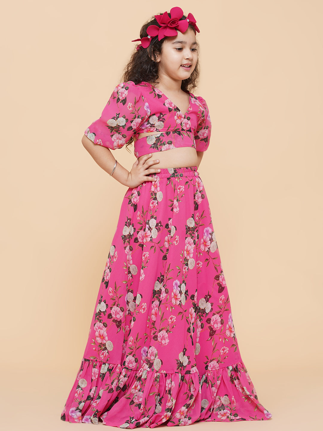 Bitiya By Bhama Girls Pink Flower Digital Print Ready To Wear Lehenga Choli