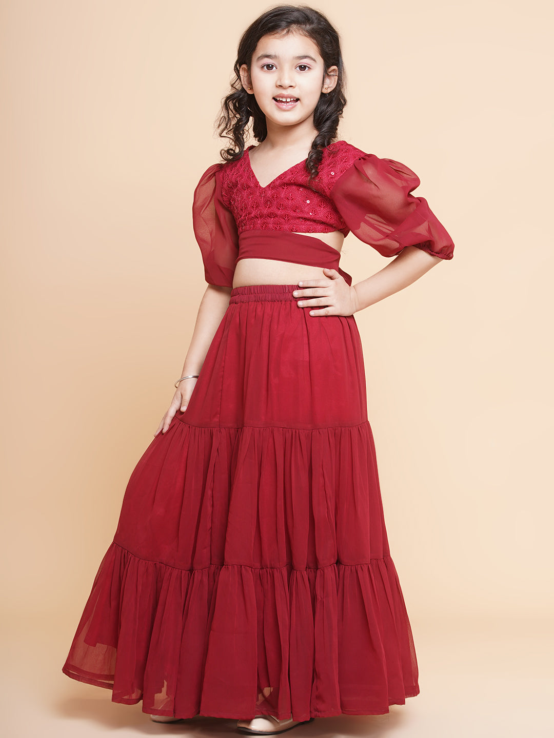 Bitiya By Bhama Girls Maroon Poly Georgette Embroidered Sequinned Choli Ready To Wear Lehenga