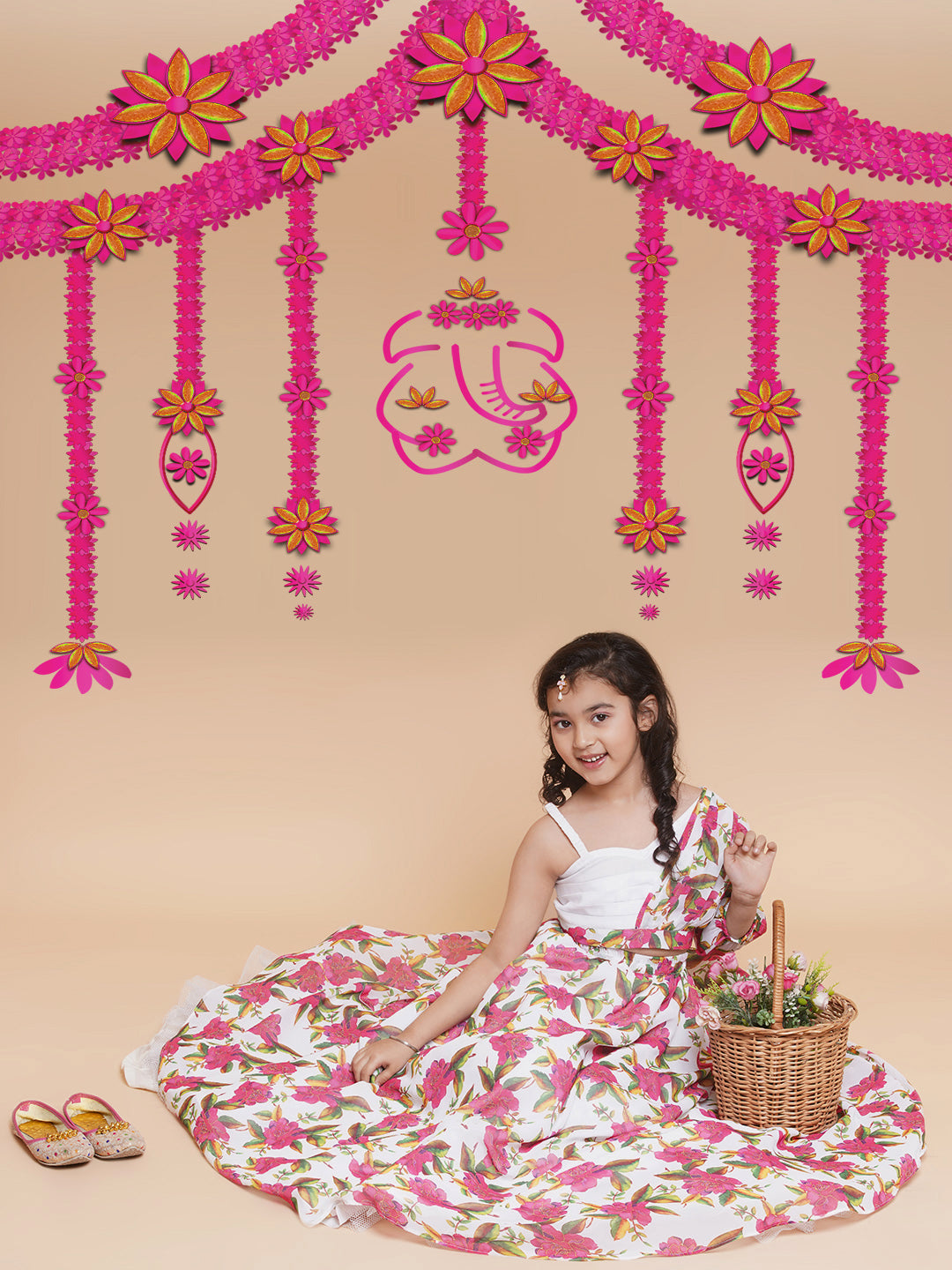 Bitiya By Bhama Girls Off White Printed Georgette Lehenga With Choli.