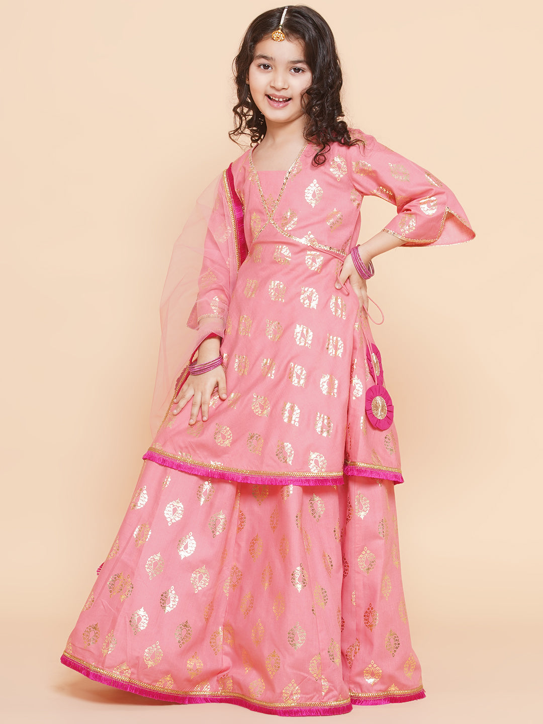Bitiya By Bhama Girls Peach Foil Printed Lace Work Lehenga,Choli With Dupatta.