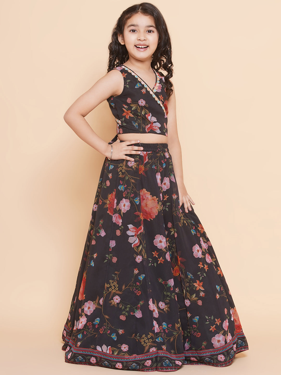 Bitiya By Bhama Girls Black Georgette Printed Lace Work Choli Ready To Wear Lehenga