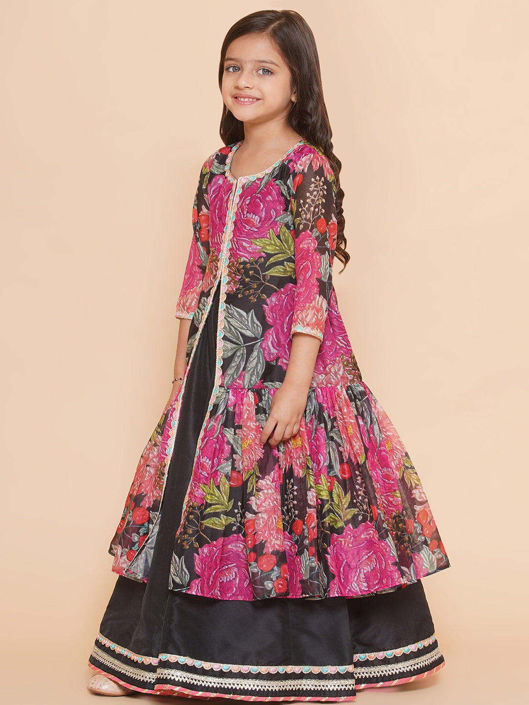 Bitiya by Bhama Girls Black Floral Print Lace Work Kurta with Skirt