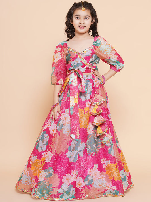 Bitiya By Bhama Girls Pink Flower Digital Multi Print Lace Work Choli With Ready To Wear Lehenga.