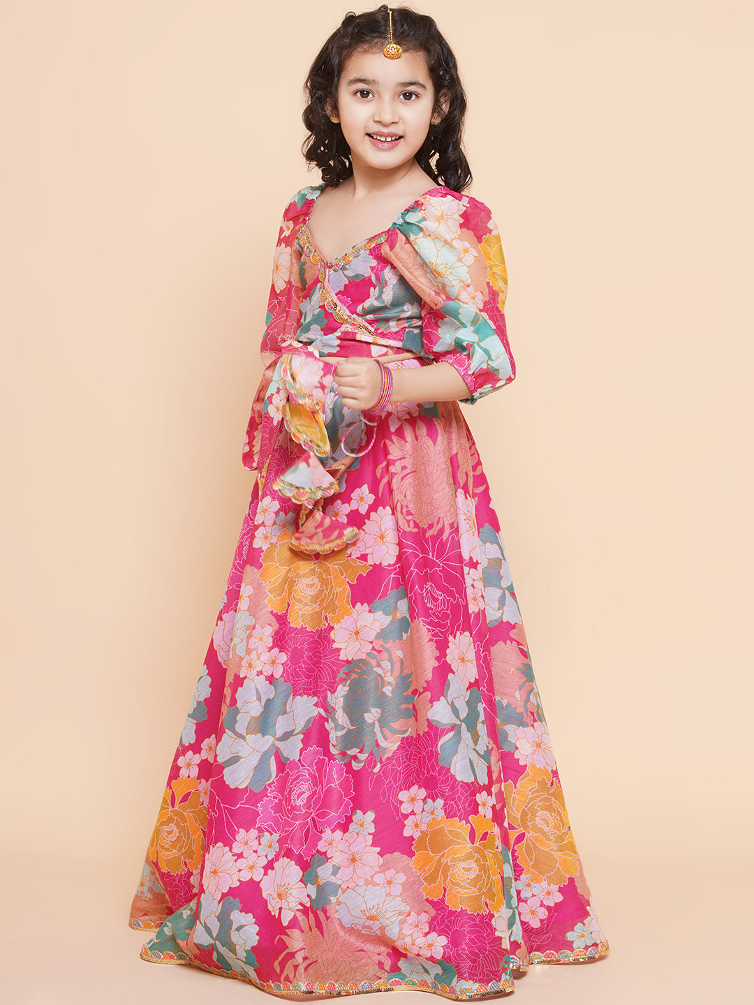 Bitiya By Bhama Girls Pink Flower Digital Multi Print Lace Work Choli With Ready To Wear Lehenga.