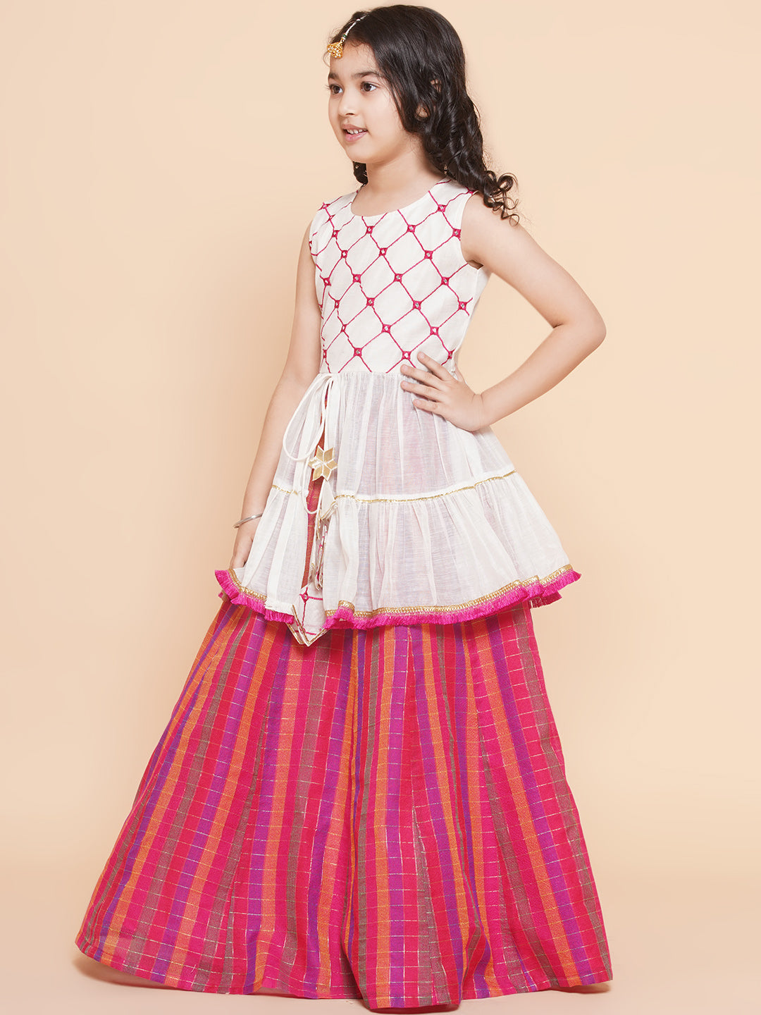 Bitiya By Bhama Girls Off White Mirror Embroidered Lace Work Choli With Multi Color Woven Lehenga