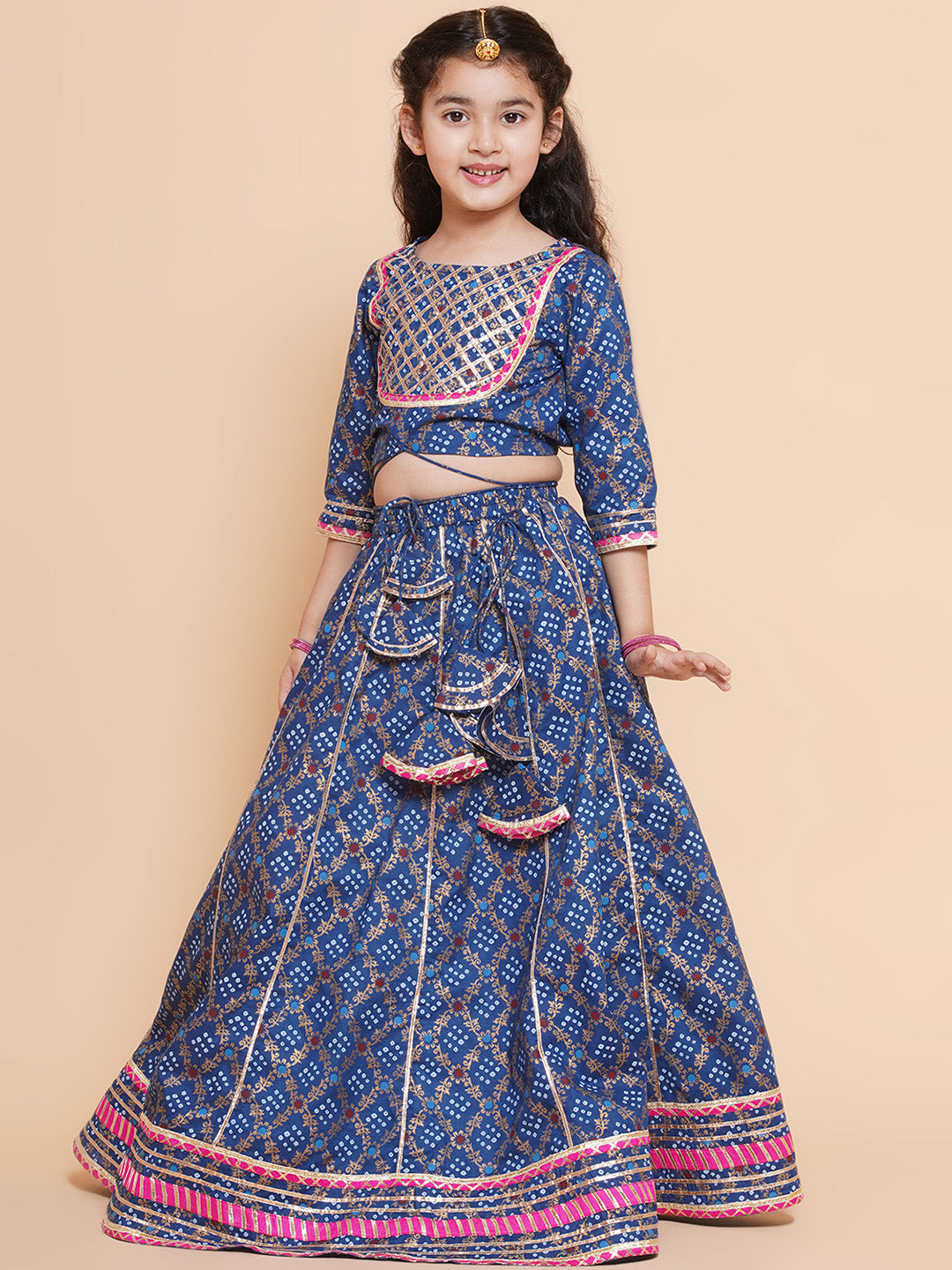 Bitiya By Bhama Girls Blue & Pink Printed Ready To Wear Lehenga & Blouse With Dupatta