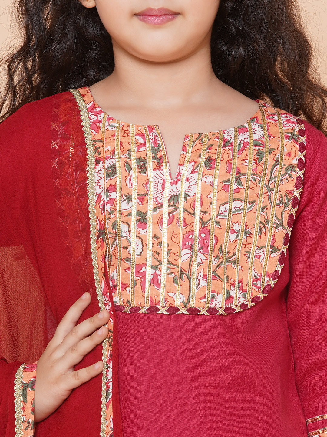 Bitiya by Bhama Girls Maroon & Peach Lace work kurti Ready to wear Lehenga with Dupatta