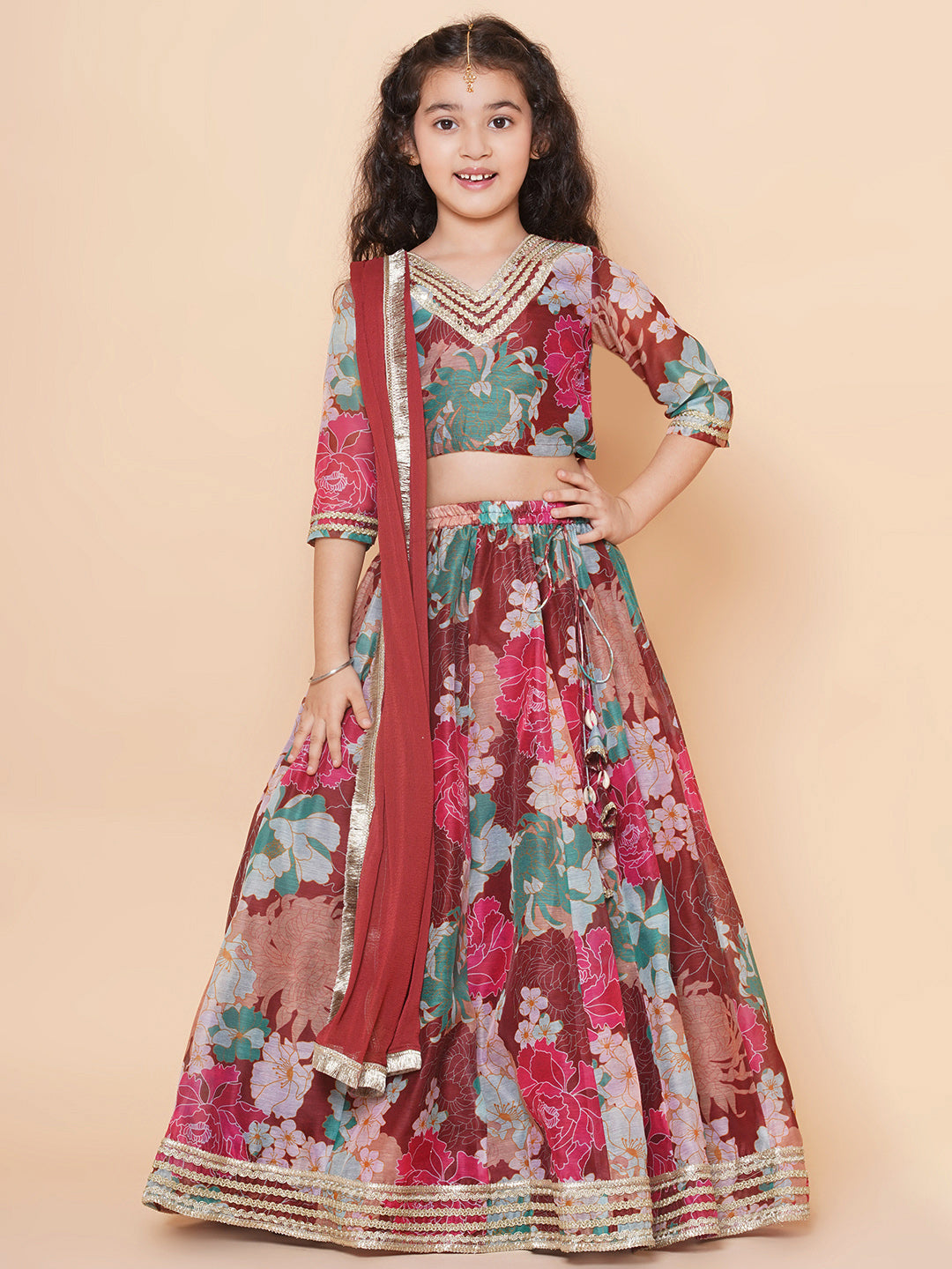 Bitiya by Bhama Girls Maroon Digital Multi Flower Printed Choli Lehenga with Maroon Dupatta
