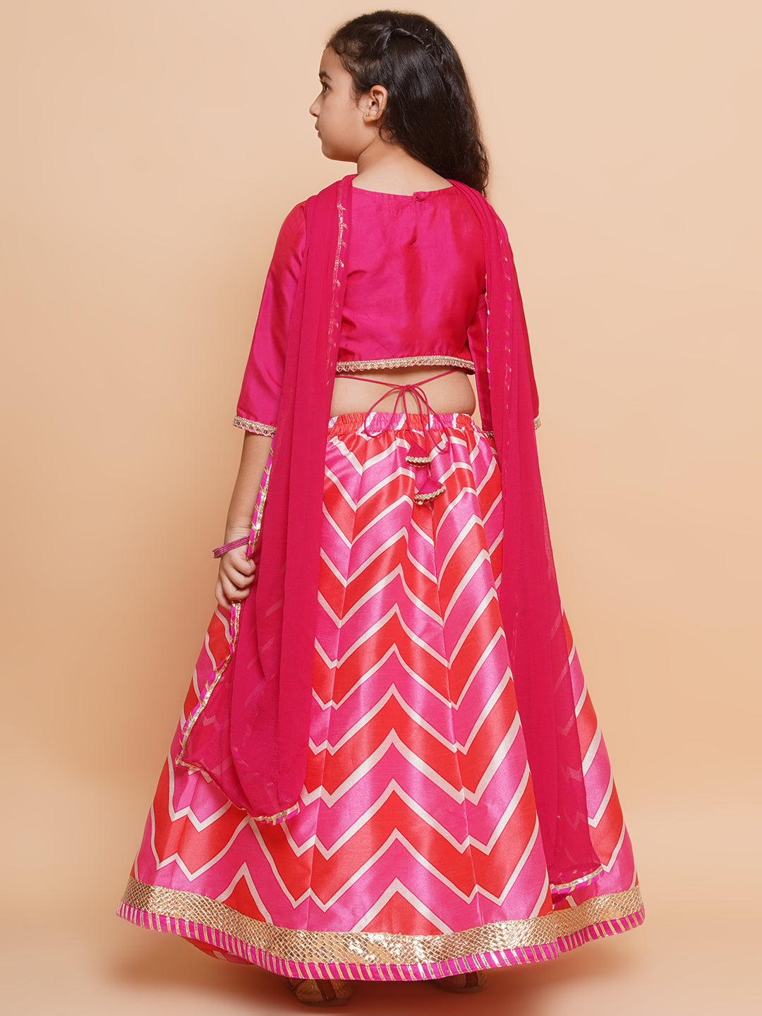 Bitiya by Bhama Girls Pink & White Embroidered Choli Pink Zig Zag Printed Lehenga with Dupatta