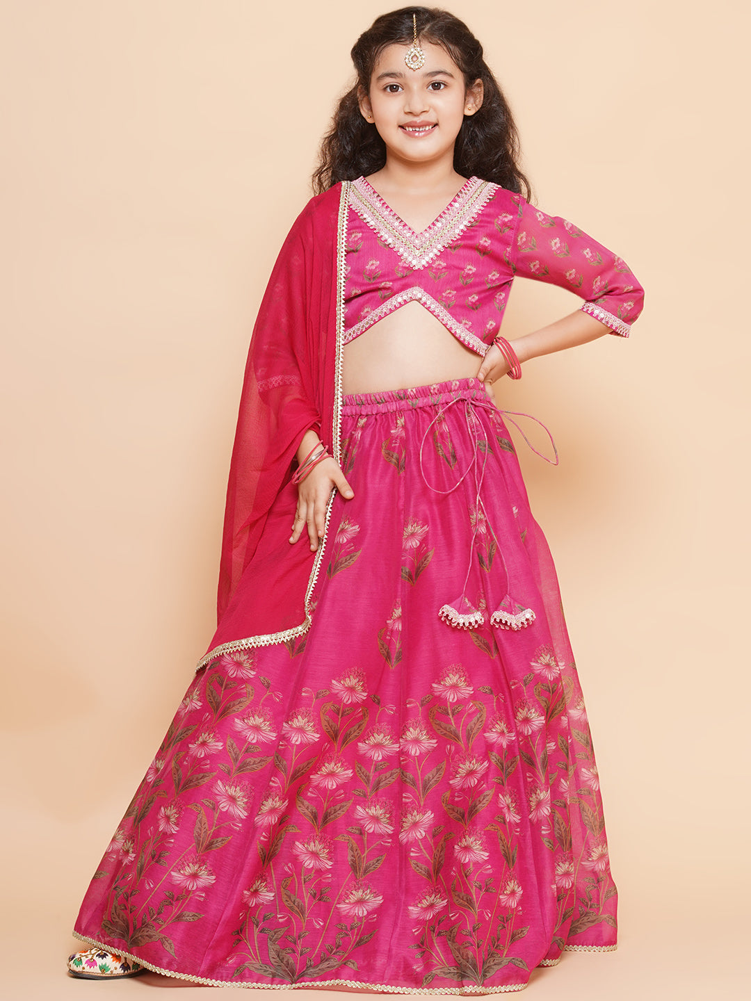 Bitiya by Bhama Girls Dark Pink Floral Printed Ready to Wear Lehenga & Blouse With Dupatta