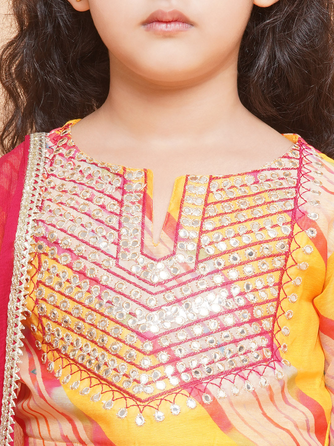Bitiya by Bhama Girls Yellow & Pink Embroidered Choli Yellow Lehariya Printed Lehenga with Dupatta