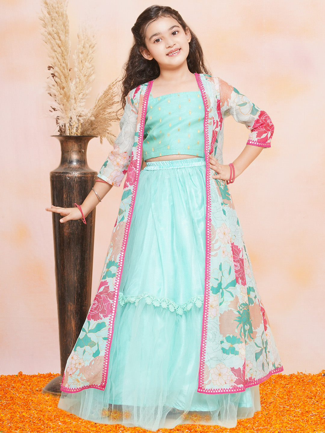 Shop Bitiya by Bhama Girls Sea Green Multi Floral Printed Ready to
