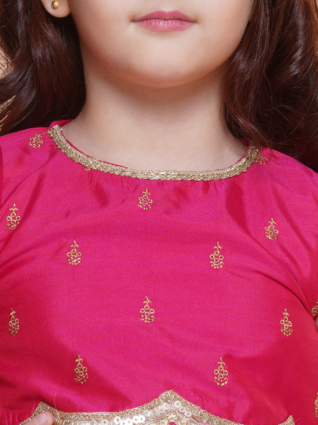Bitiya by Bhama Girls Pink Embroidered Choli Peach Jaal foil printed Lehenga With Dupatta