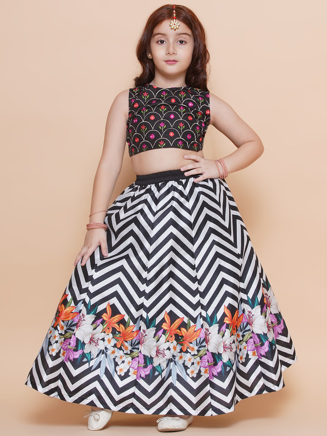 Bitiya by Bhama Girls Black Embroidered Choli & Black White Zigzag Printed Lehenga