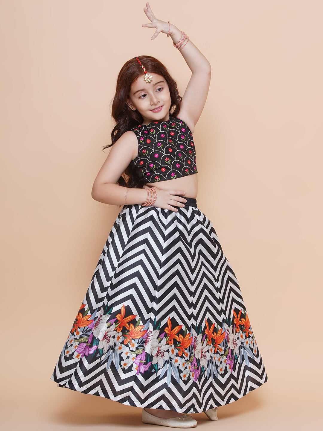 Bitiya by Bhama Girls Black Embroidered Choli & Black White Zigzag Printed Lehenga