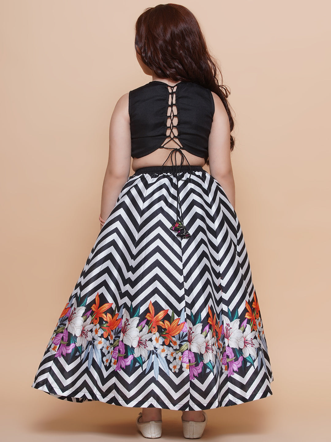 Bitiya by Bhama Girls Black Embroidered Choli & Black White Zigzag Printed Lehenga