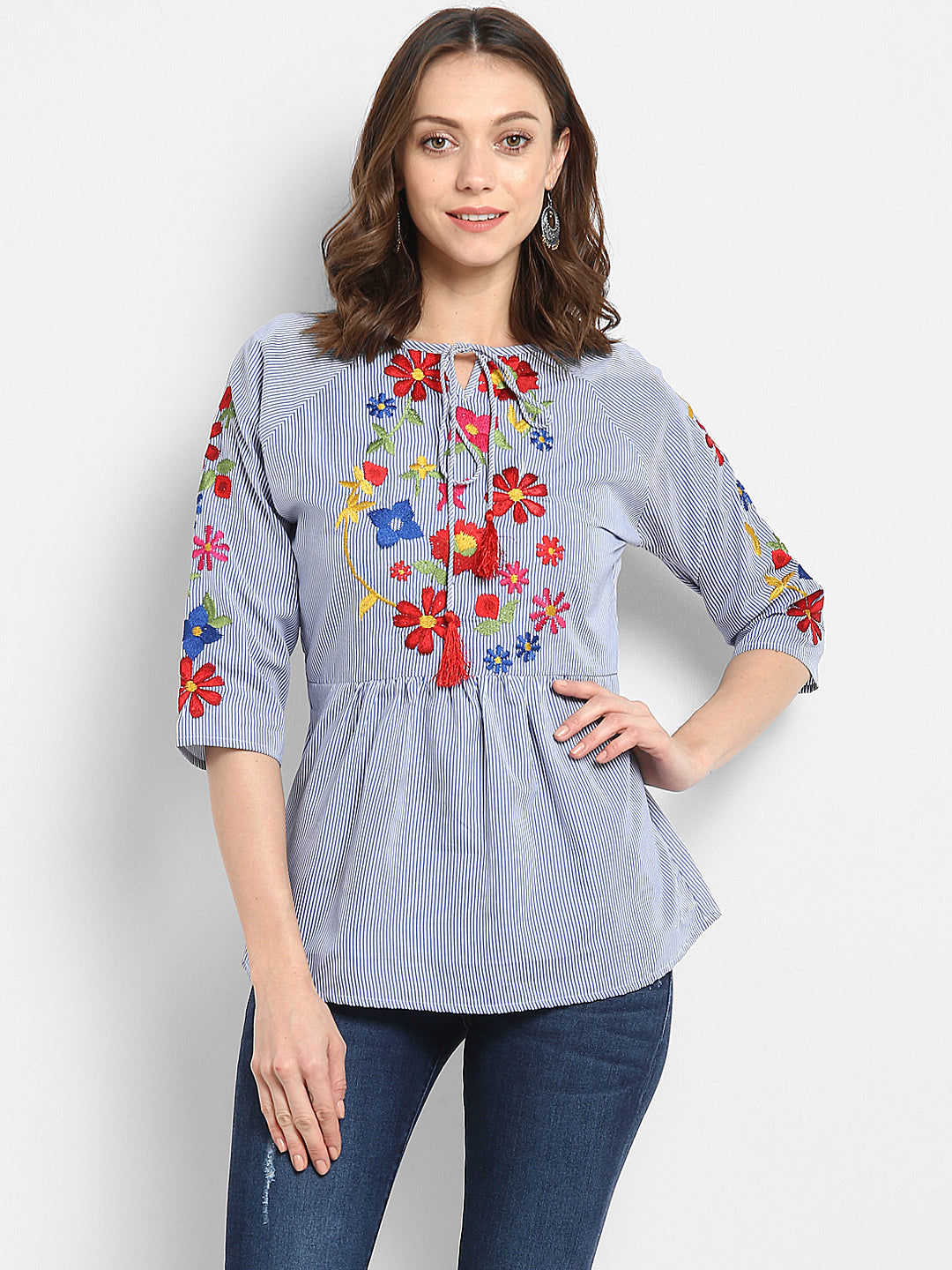 Bhama Couture Blue & White Striped Embroidered Top