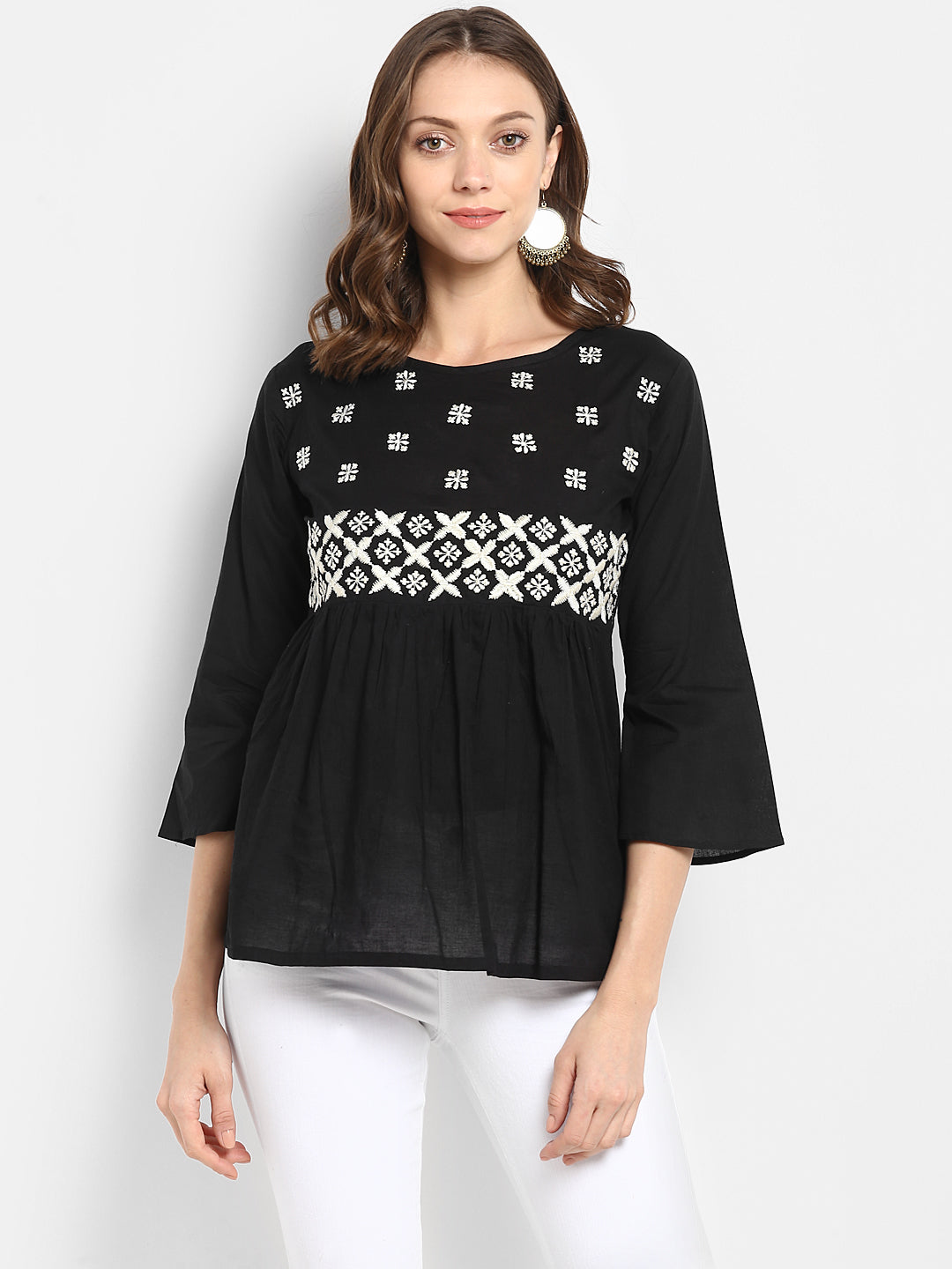 Bhama Couture Women Black Embellished A-Line Pure Cotton Top