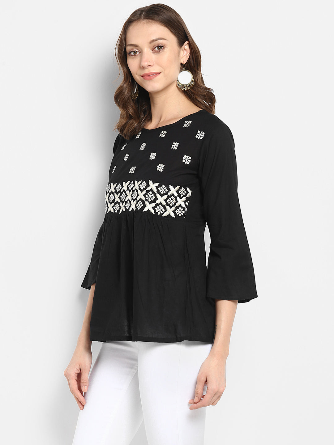 Bhama Couture Women Black Embellished A-Line Pure Cotton Top
