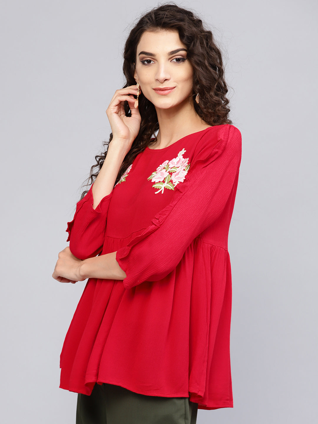 Bhama Couture Women Red Solid A-Line Pure Cotton Top