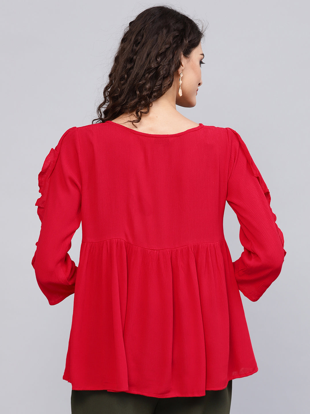 Bhama Couture Women Red Solid A-Line Pure Cotton Top