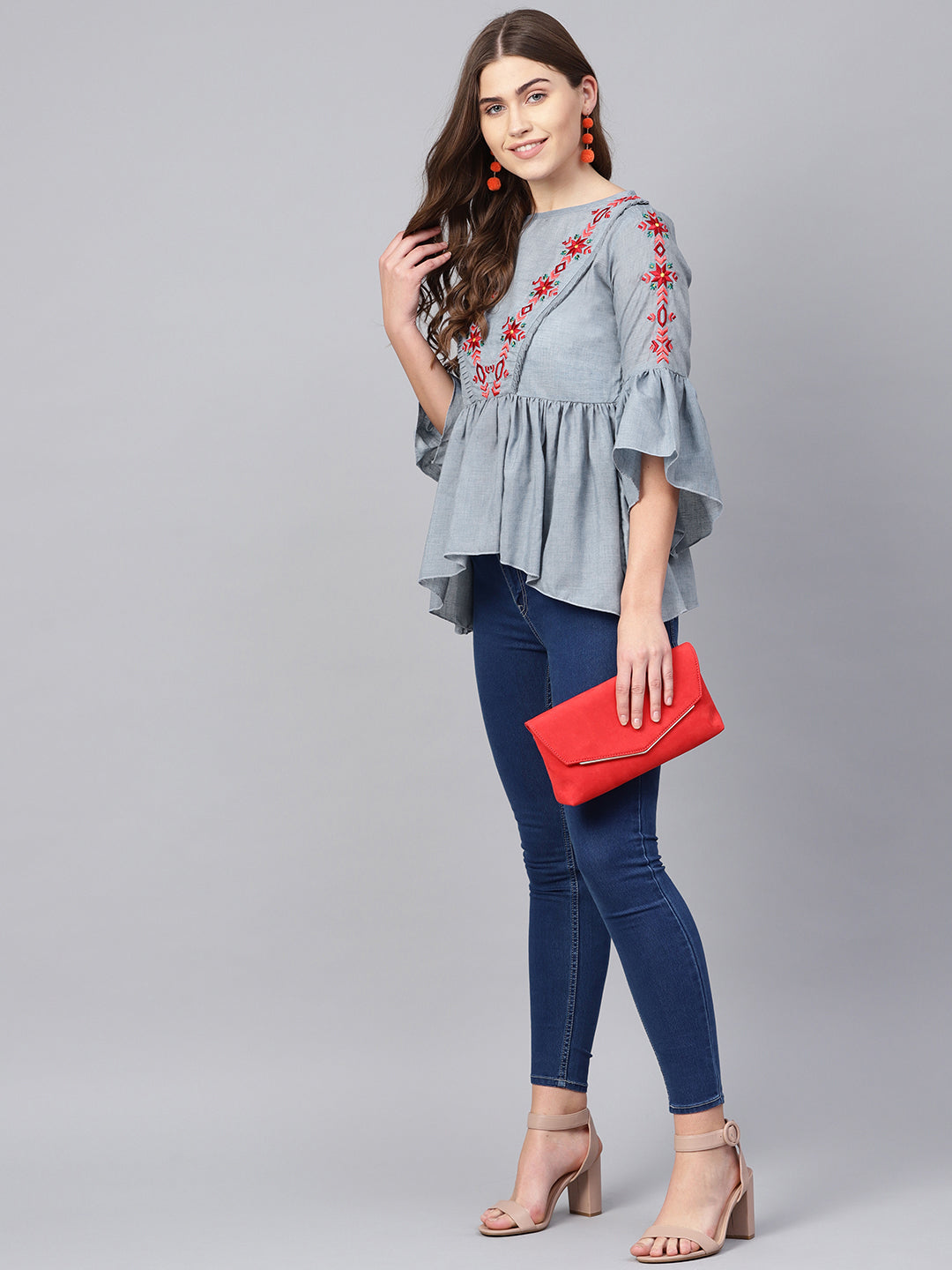 Bhama Couture Blue & Red Embroidered A-Line Top