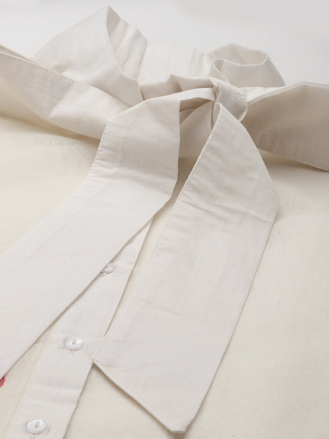 Bhama Couture Off-White & Pink Floral Print Tie-Up Neck Shirt Style Top