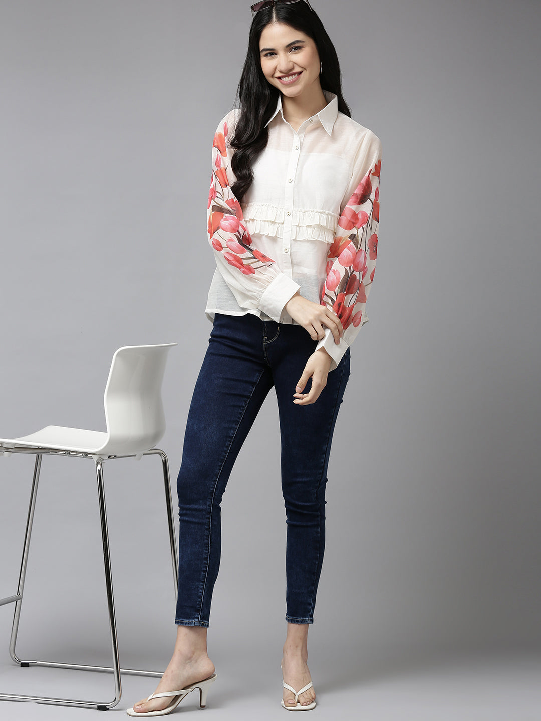 Bhama Couture White & Red Floral Detail Ruffles Shirt Style Top
