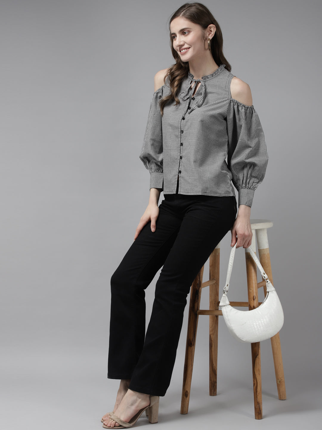 Bhama Couture Black Check Front Open Cold Shoulder Full Sleeve Top