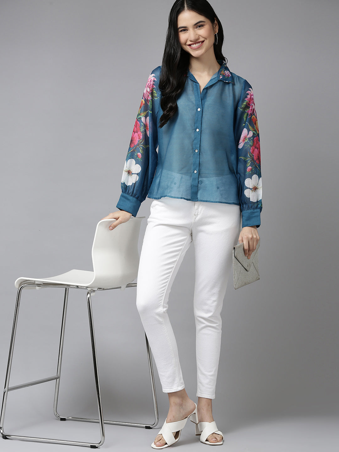 Bhama Couture Teal Blue Floral Printd Shirt Style Top
