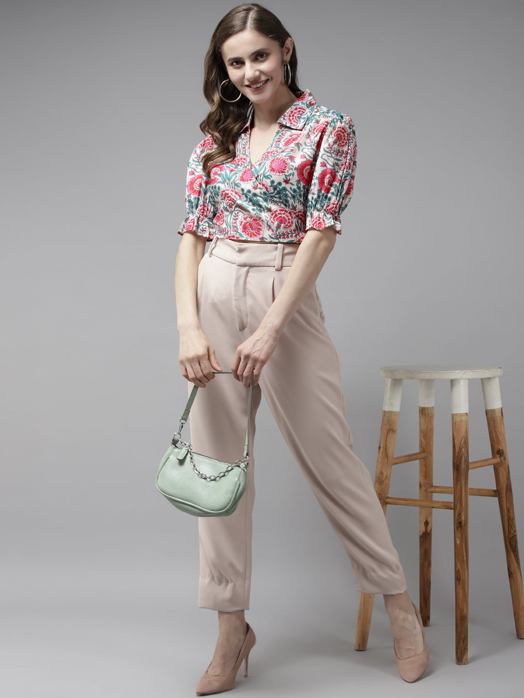 Bhama Couture Off White Front Overlap Printed Top