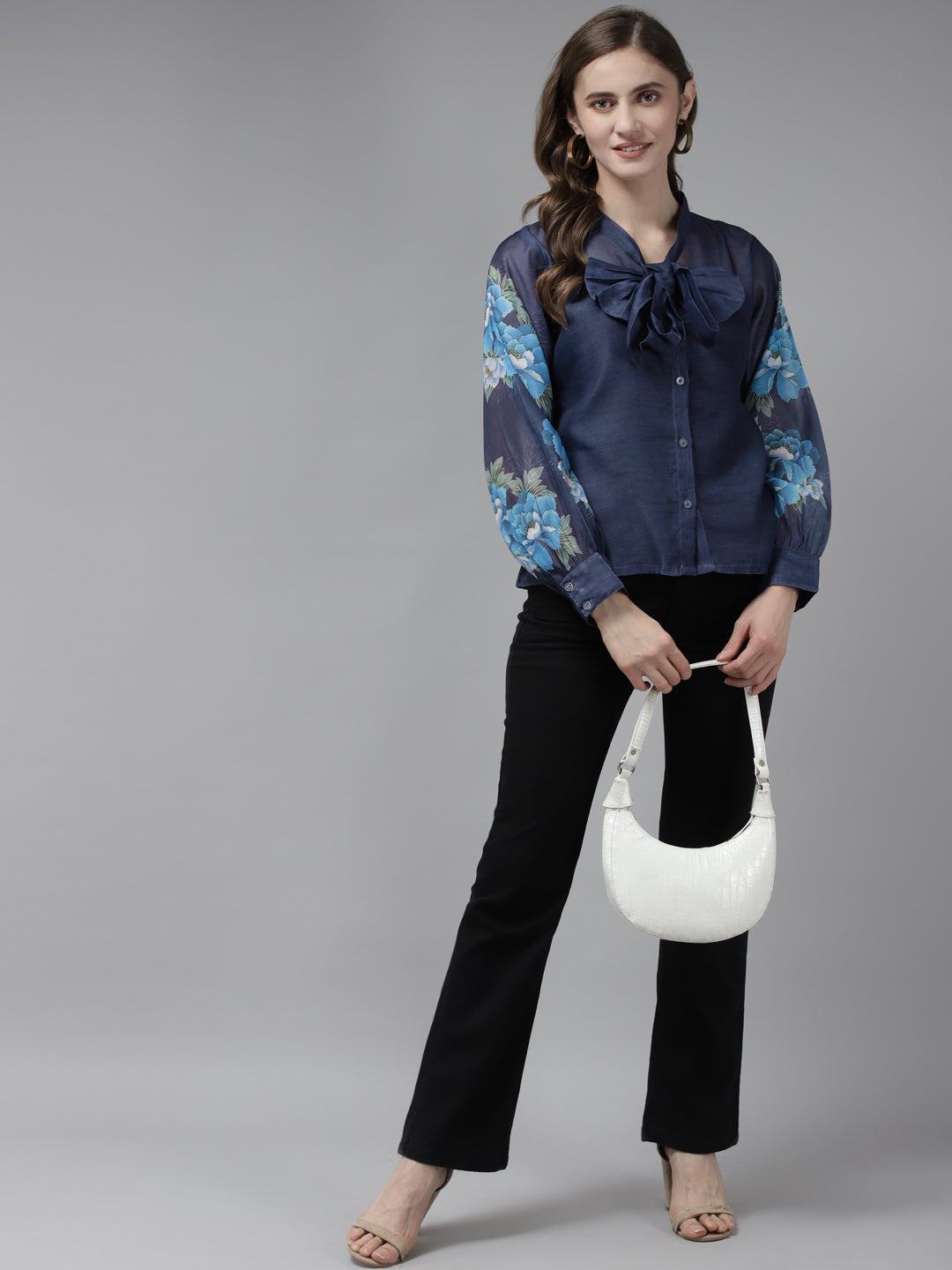 Bhama Couture Blue Printed Sleeve Front Open Top