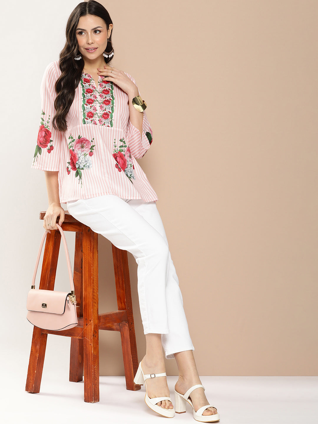 Bhama Couture Peach Flowal Prined A-Linetop