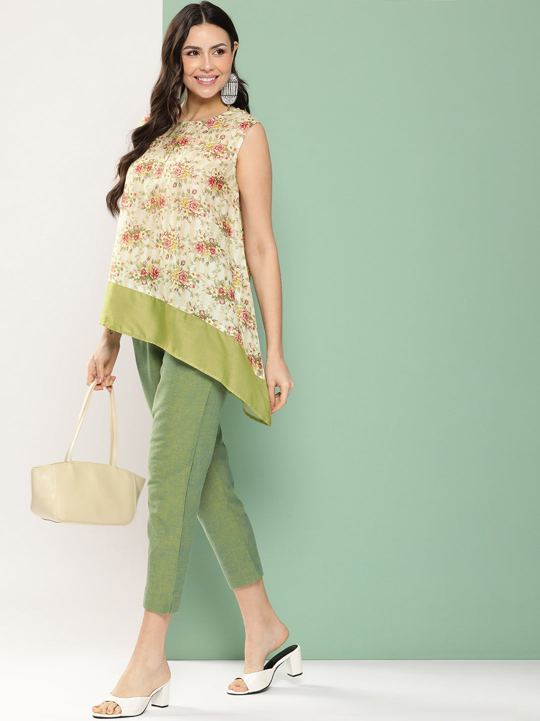 Bhama Couture Beige Flowal Prined Asymmetrical Top