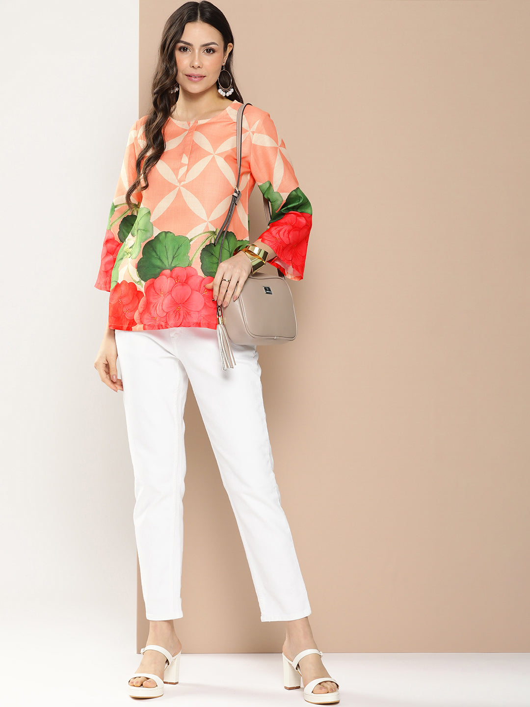 Bhama Couture Coral Flowal Prined Straight Top