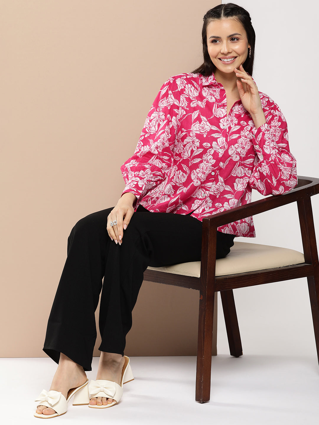 Bhama Couture Pink Fuchsia Printed Shirt Style Top