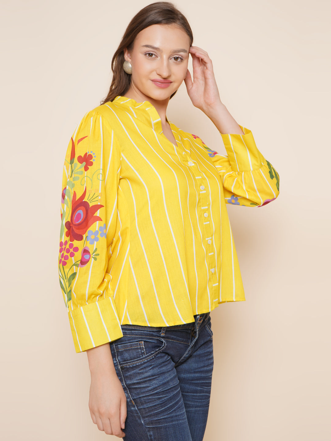 Bhama Couture Yellow Printed Shirt Style Top