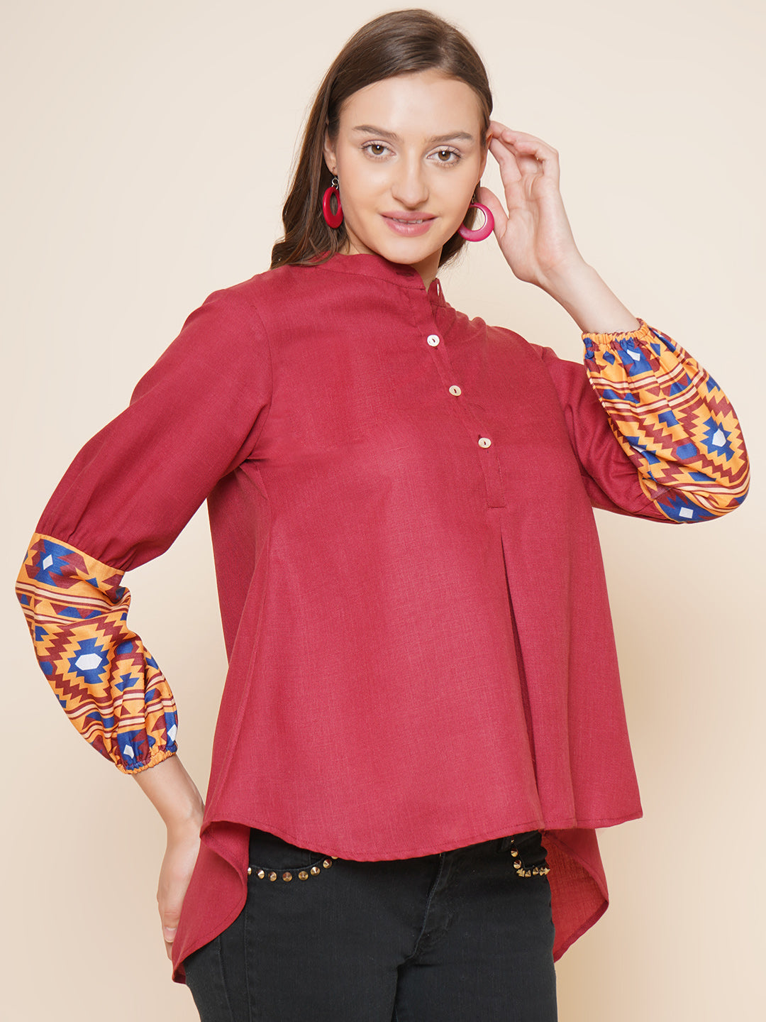 Bhama Couture Maroon High Low Printed Top
