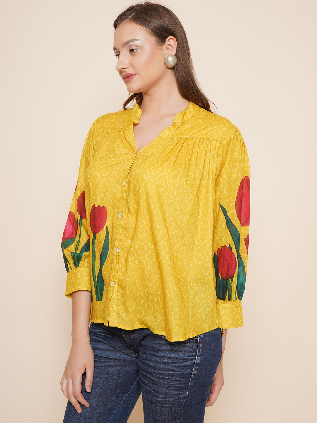 Bhama Couture Yellow Floral Printed Shirt Style Top