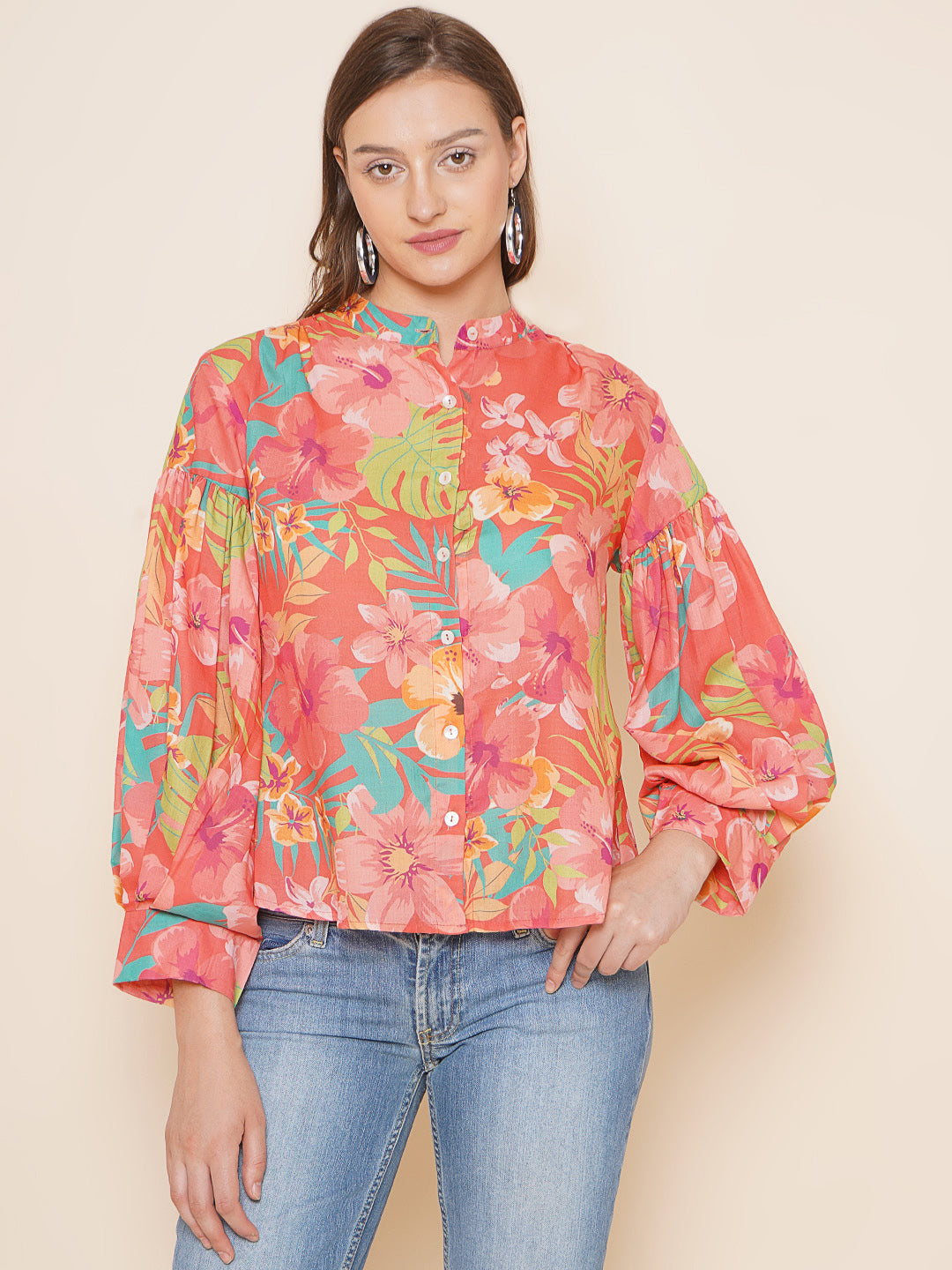 Bhama Couture Peach Floral Printed Shirt Style Top
